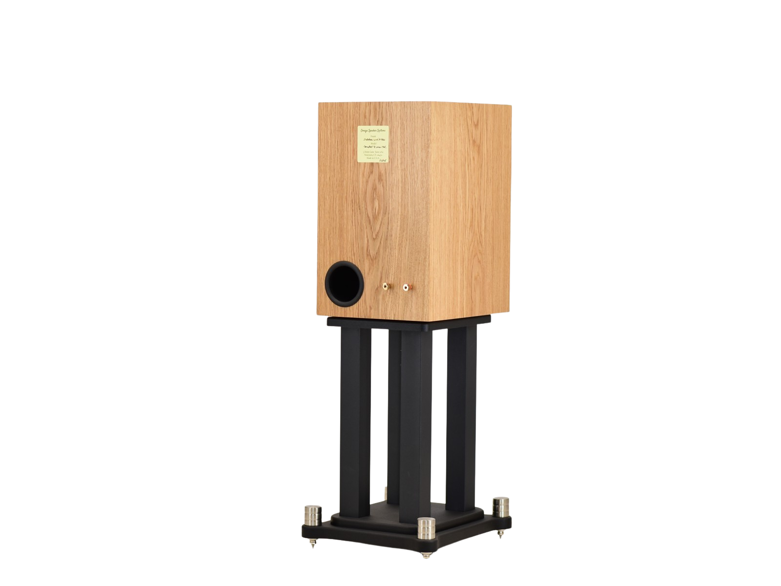 omega Speakers compact eight monitor finished in white oak wood n stand facing back