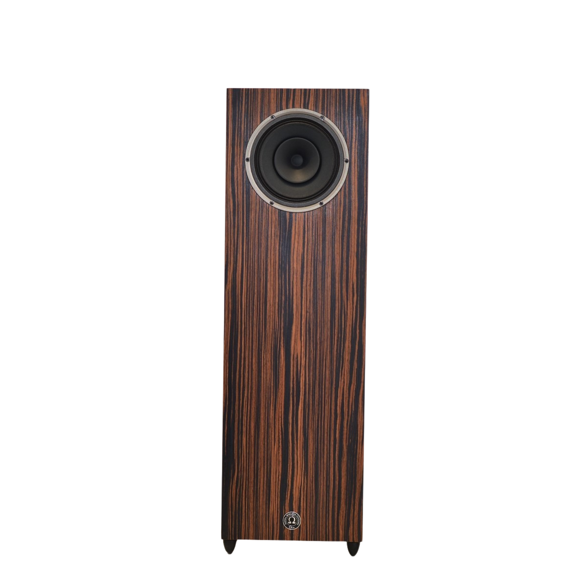 omega speakers junior 8 xrs finished in macassar ebony showing driver white backround