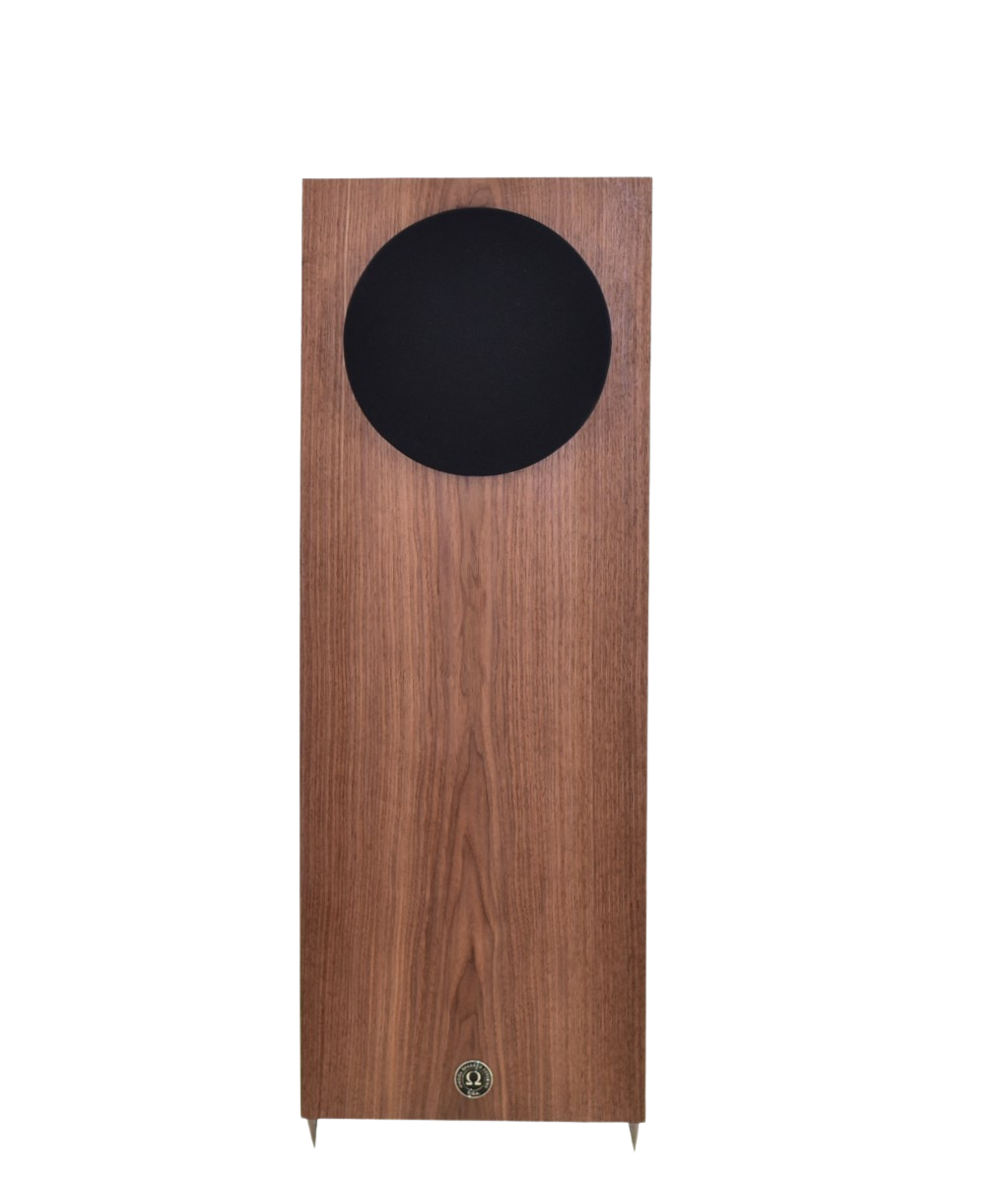 omega Speakers super 8 xrs in walnut wood finish facing forward with black round grill