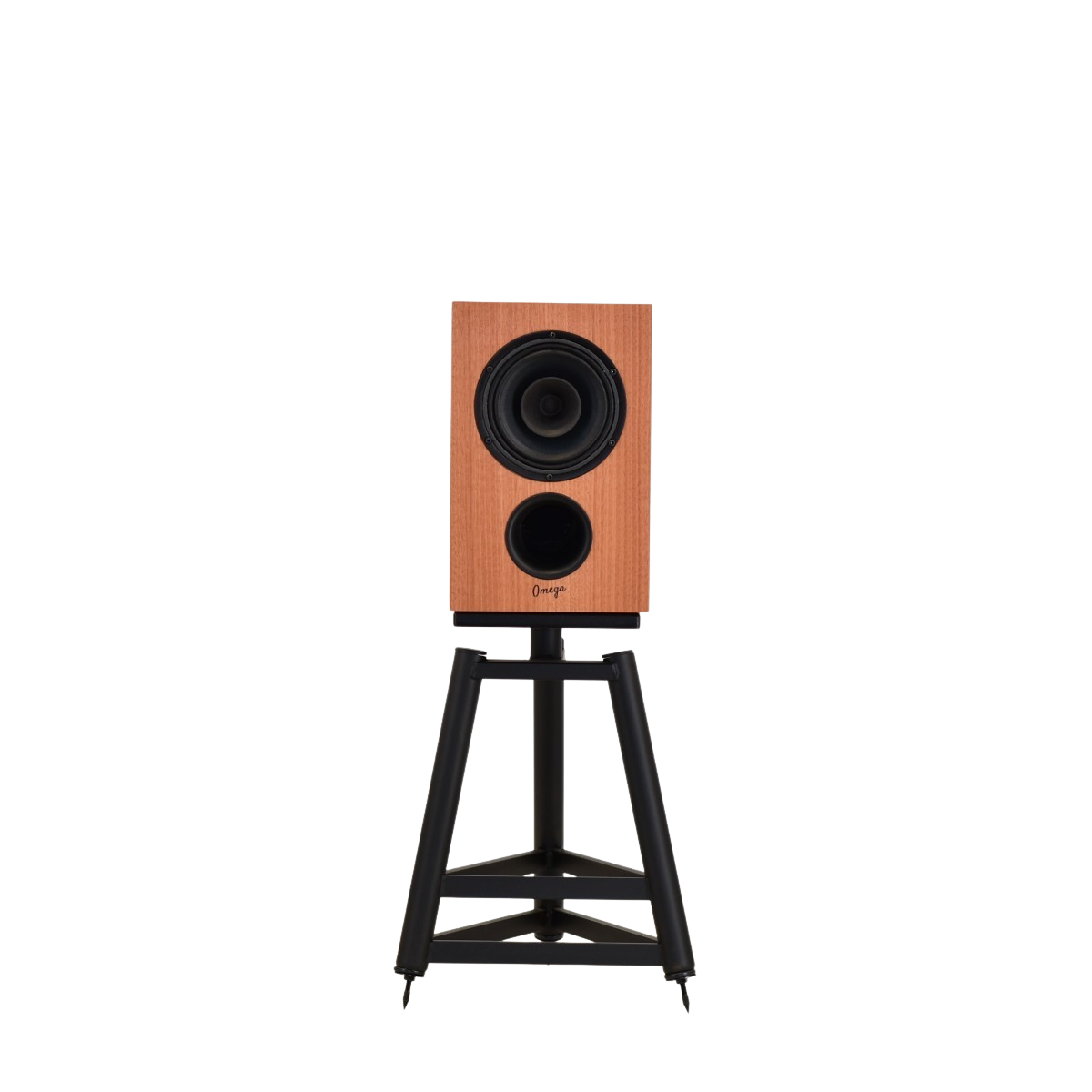 front straight view of omega speakers baby alnico monitor on stands showing driver and port