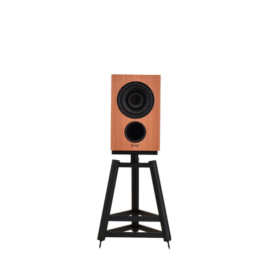 front straight view of omega speakers baby alnico monitor on stands showing driver and port