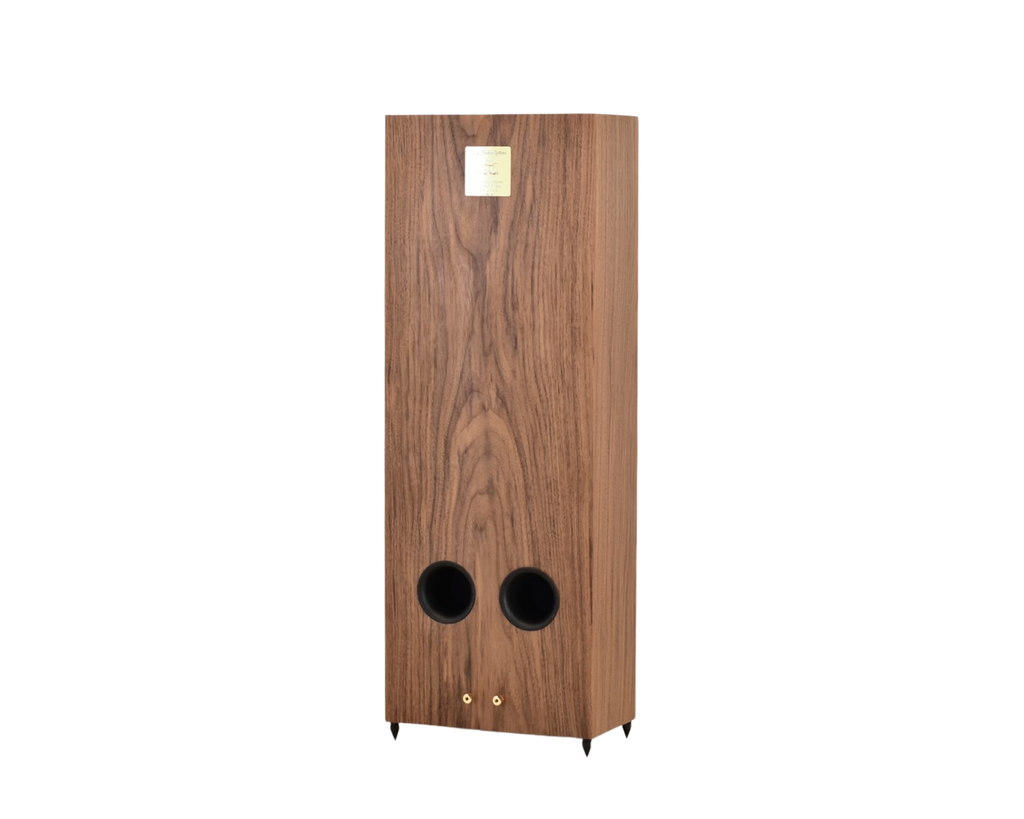 rear look at the super 8 xrs speaker by omega speakers showing the twin ports and binding posts finished in walnut wood 