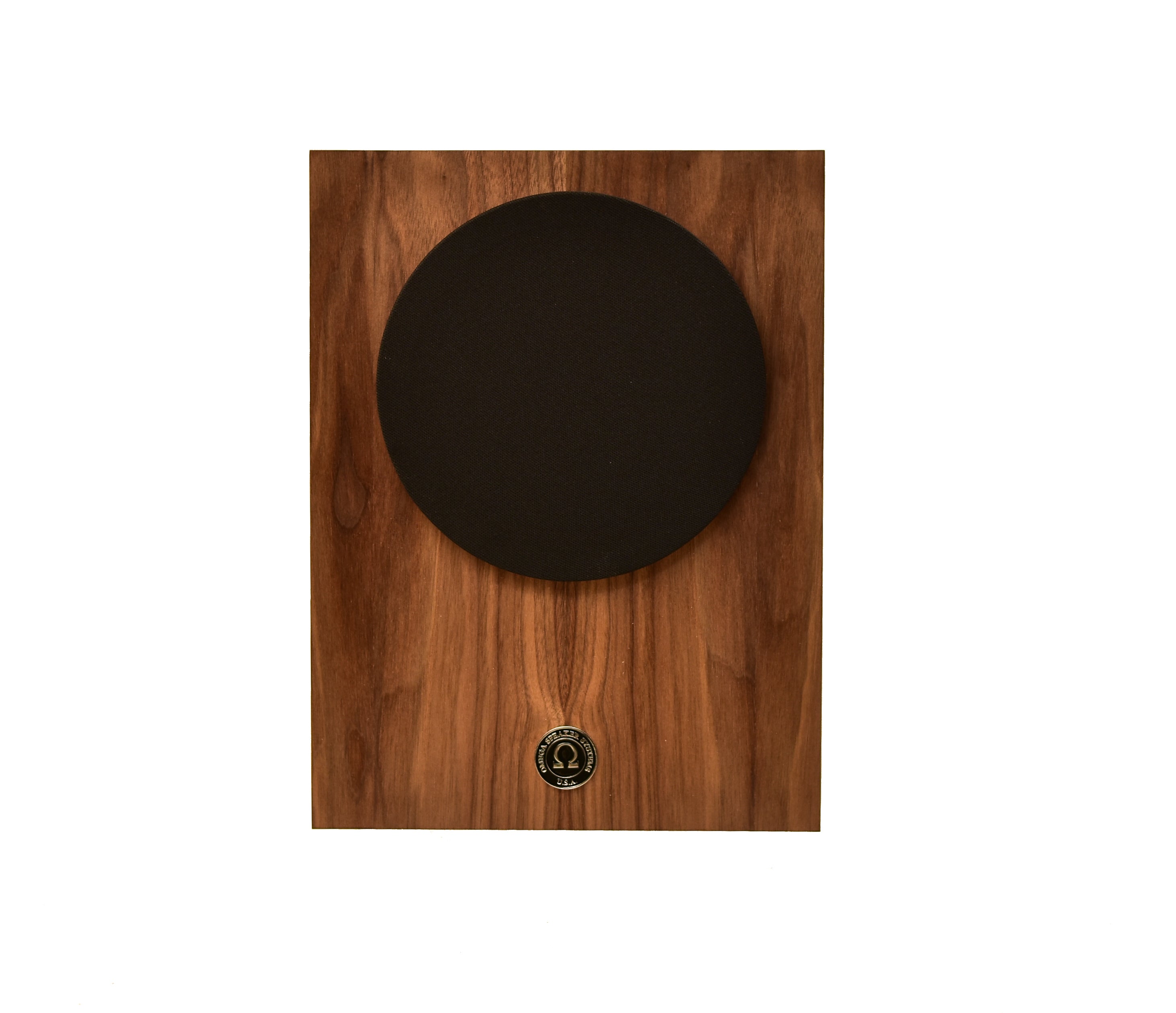 Omega Speakers compact alnico monitor with black round grill front view finished in walnut wood