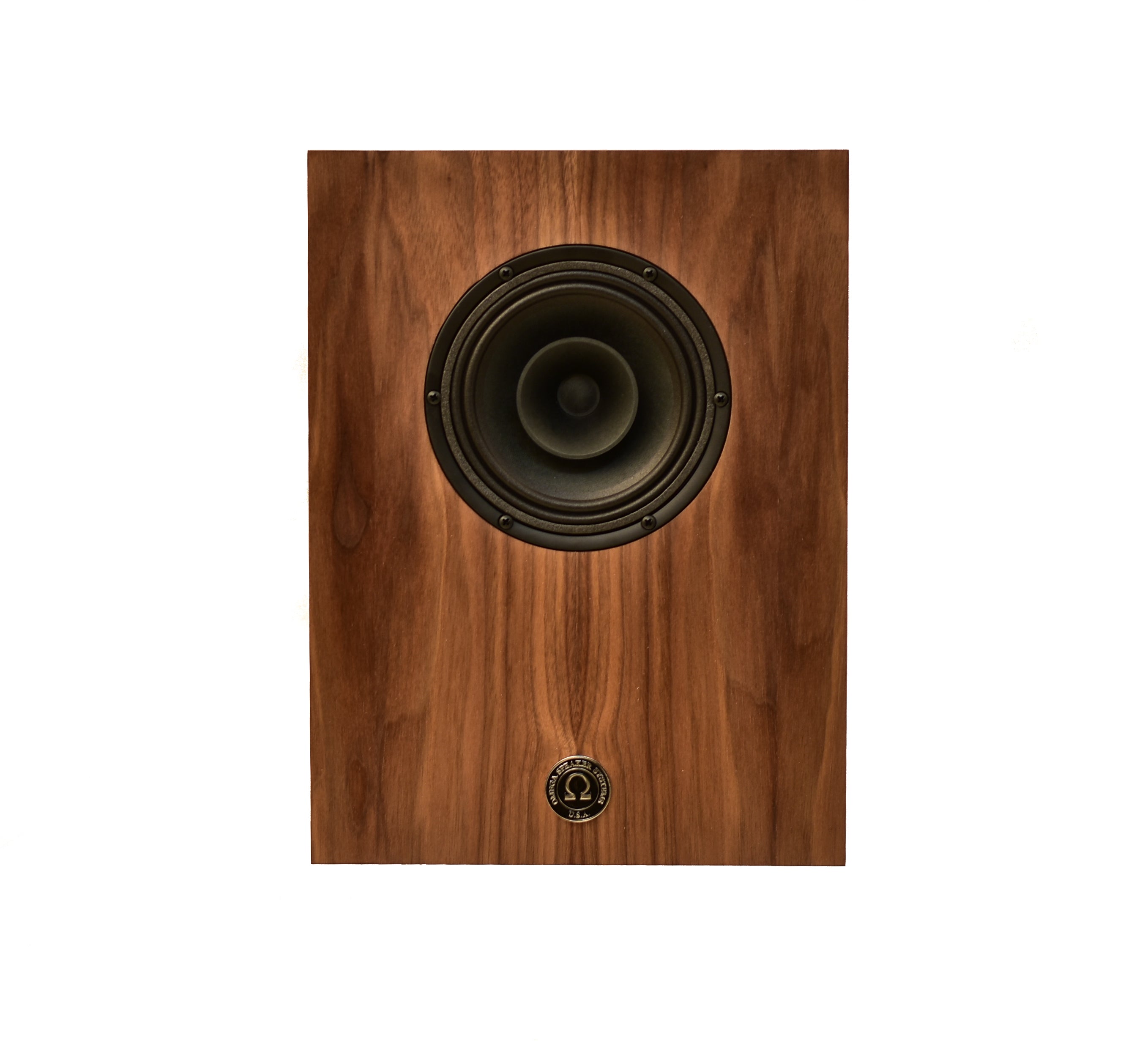 omega Speakers compact alnico monitor in walnut wood with no grill and no stand front view