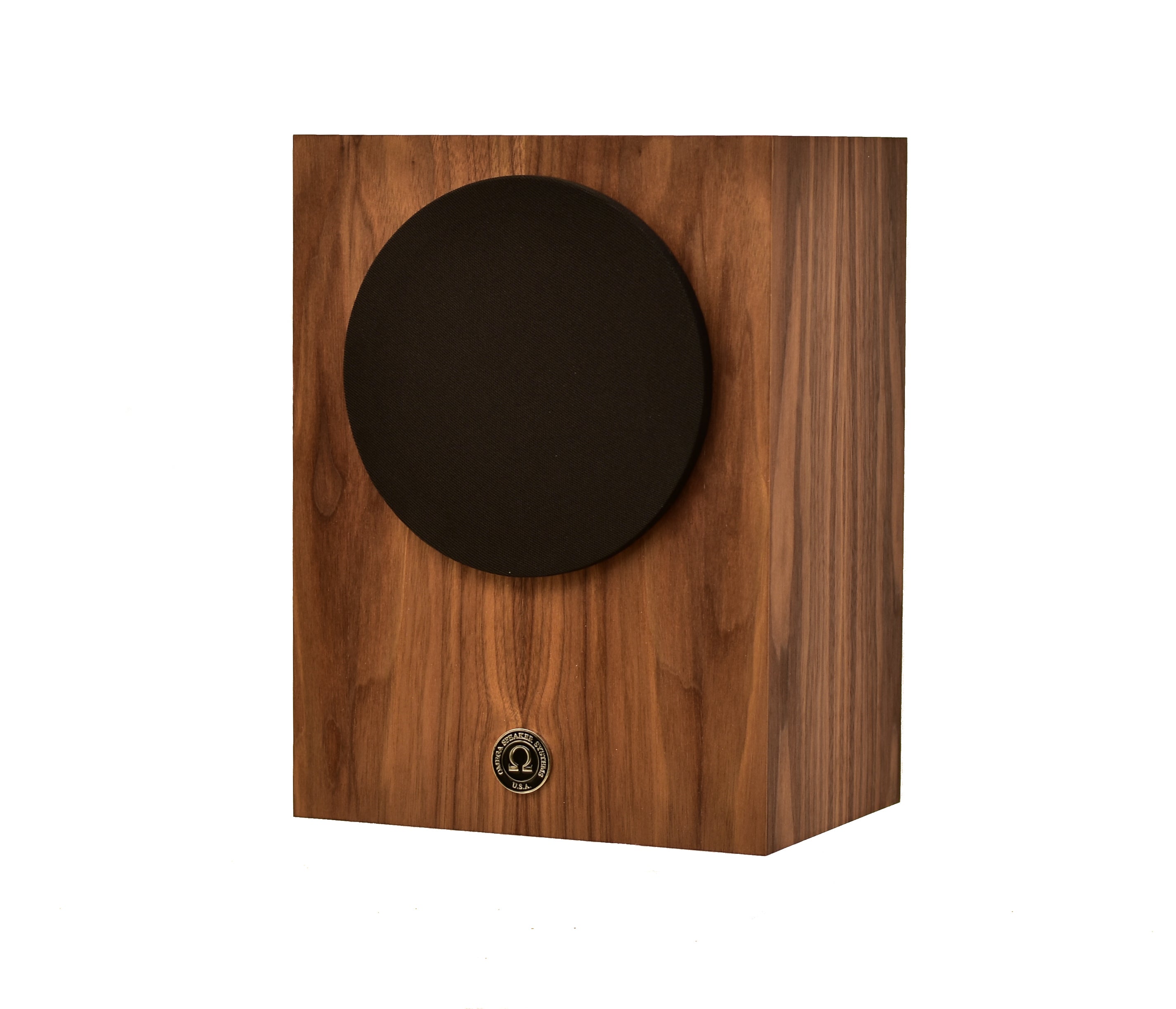 omega Speakers compact alnico monitor left view with black round grill finished in walnut wood
