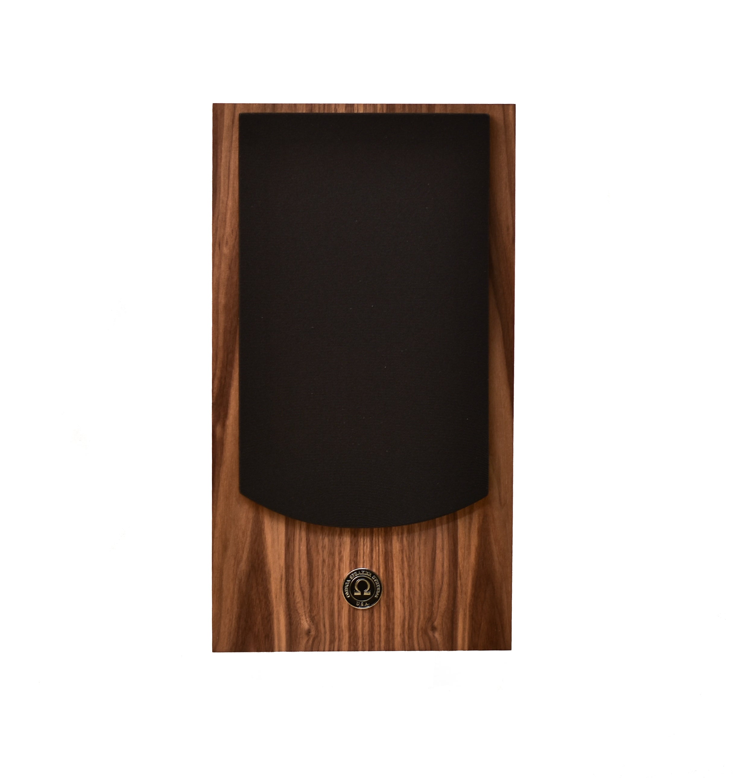 super alnico monitor front view with black grill finished in Walnut wood