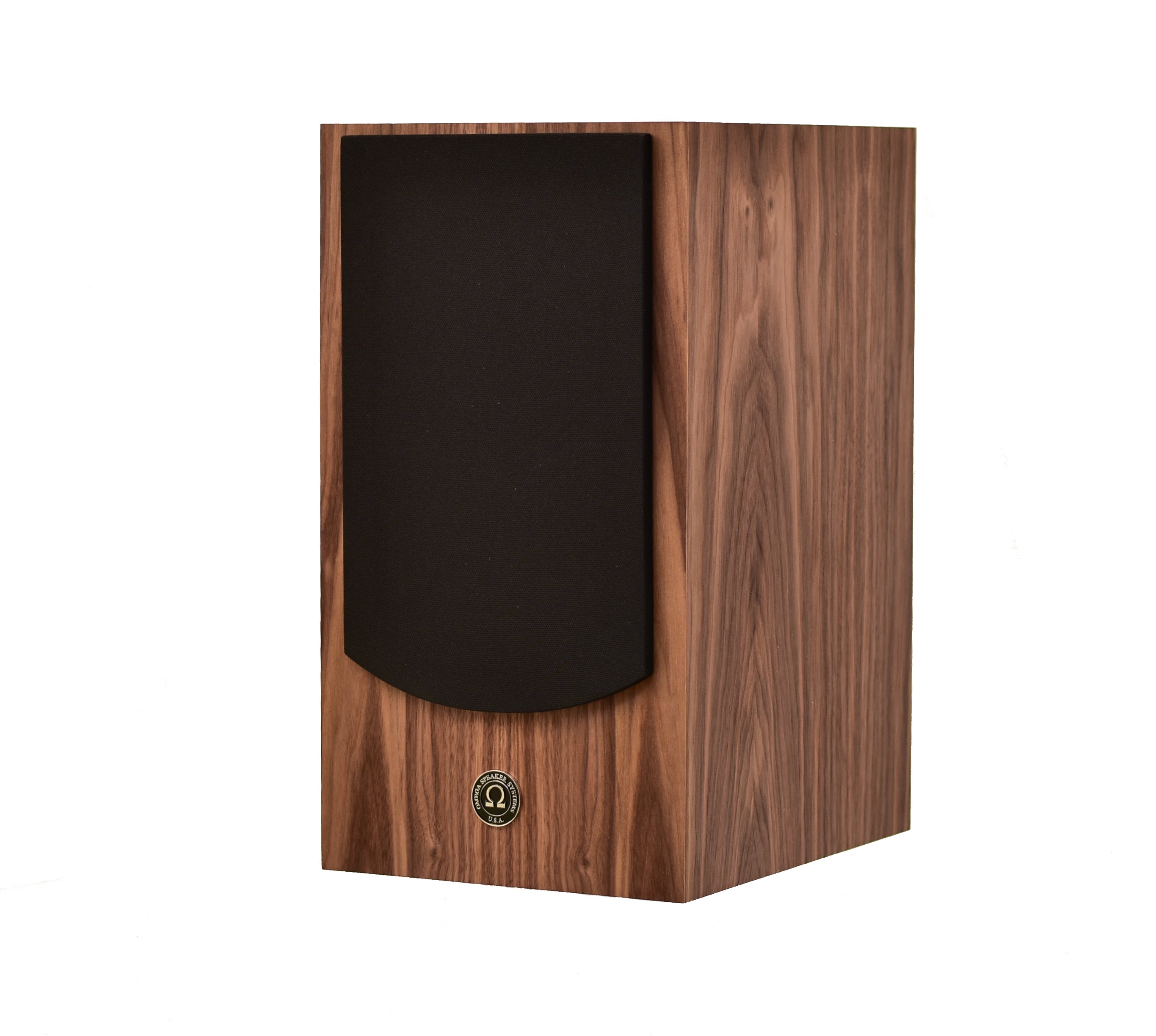 omega Speakers Super Alnico monitor finished in Walnut wood with black grill view to the left
