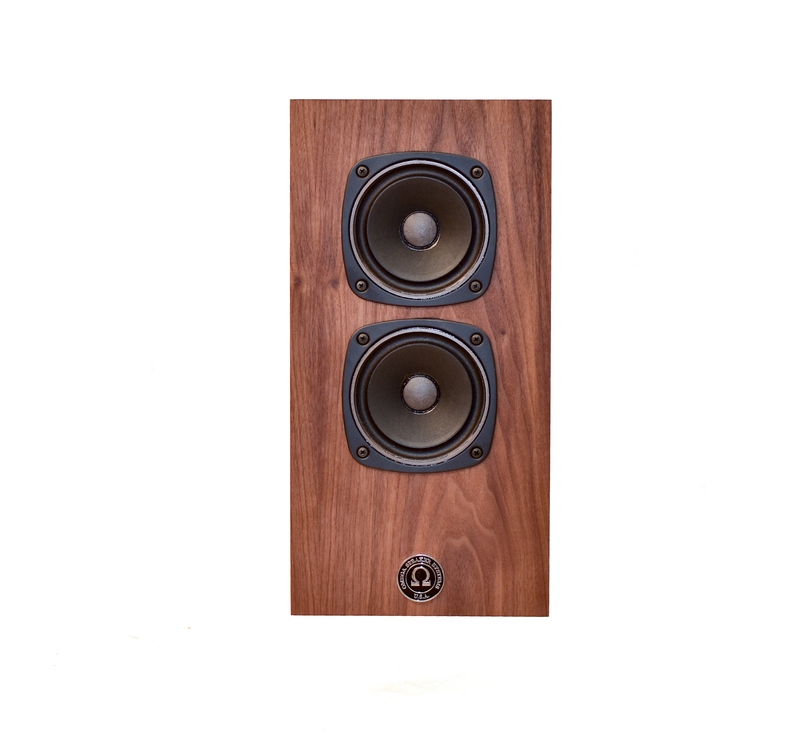 omega speakers super 3 high output speaker with rs5 drivers showing no grill facing front in walnut wood finish