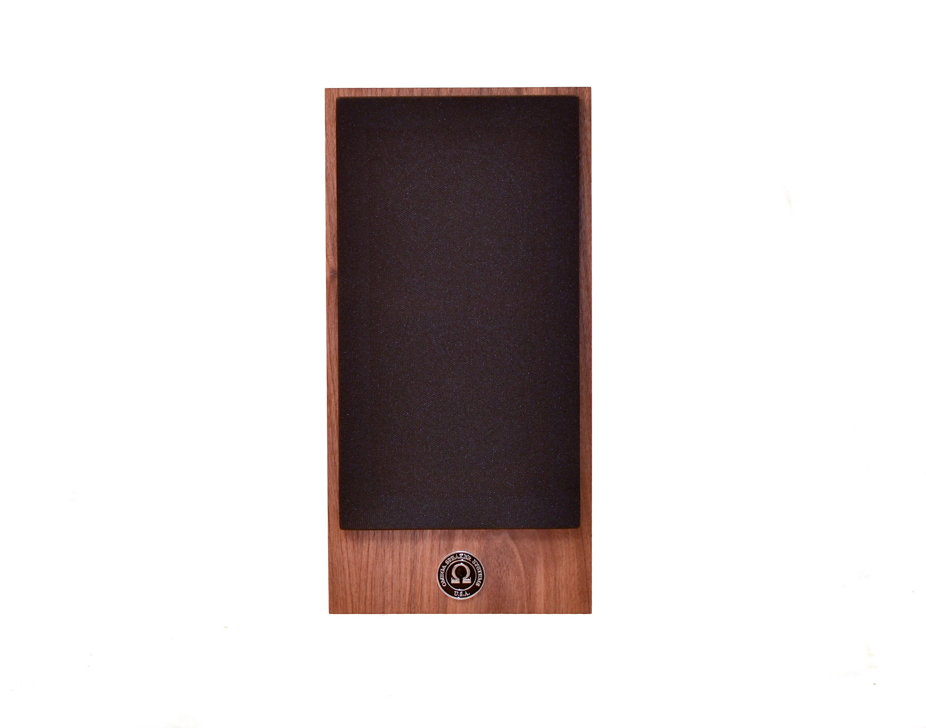 omega speakers super 3 high output speaker facing front with black grill and coin logo in walnut wood finish