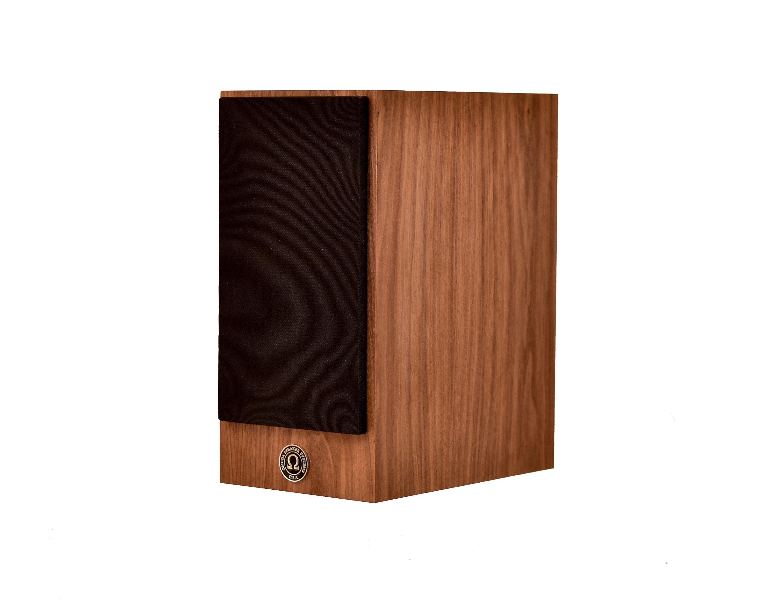 omega speakers super 3 high output monitor speaker with black grill facing left