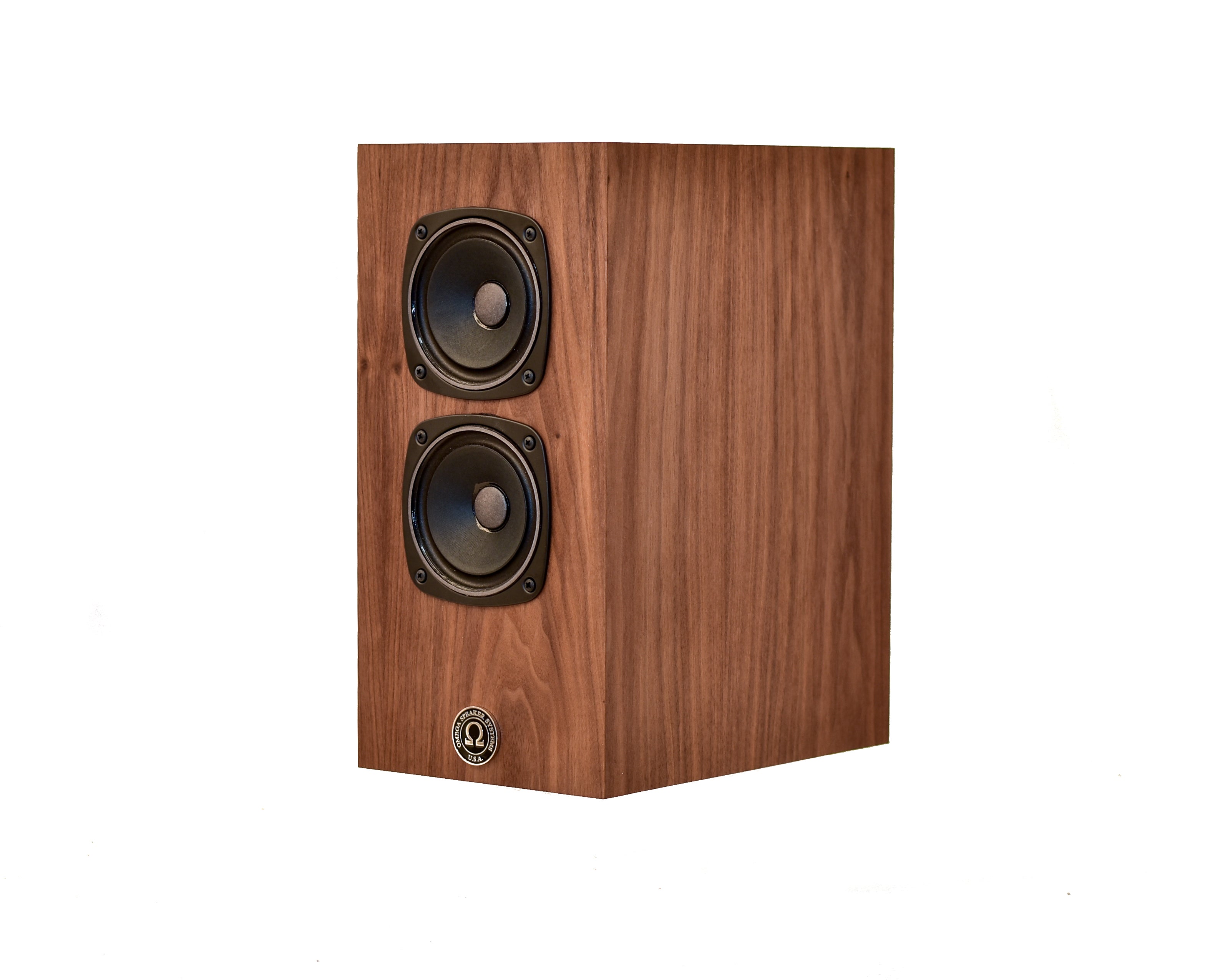 Super 3 high output monitors facing left with no grill 2 rs5 drivers showing finished in walnut wood
