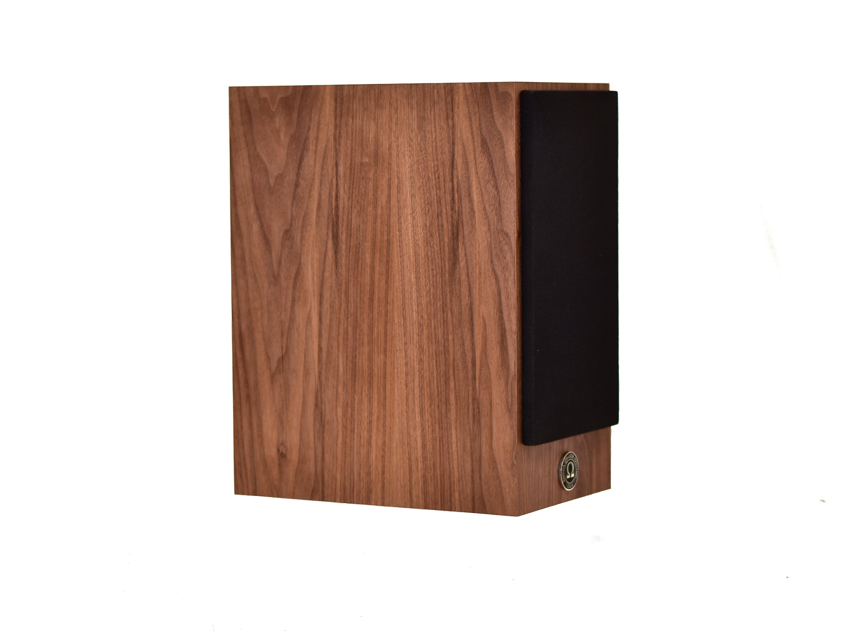 super 3 high output omega speaker with black grill facing the right in walnut wood